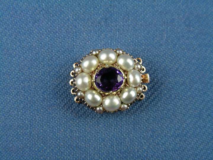 19th century amethyst and pearl oval cluster clasp